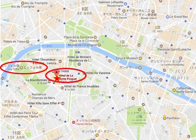 パリの宿泊ホテル。地図はGoogle Mapより出典